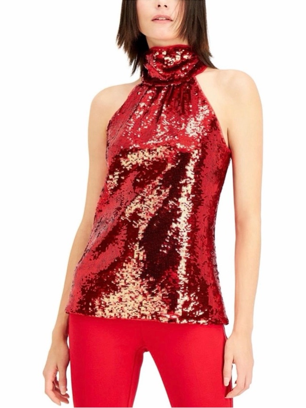 NWT INC Macy’s Red Sequin Halter Mock Neck Top Blouse S